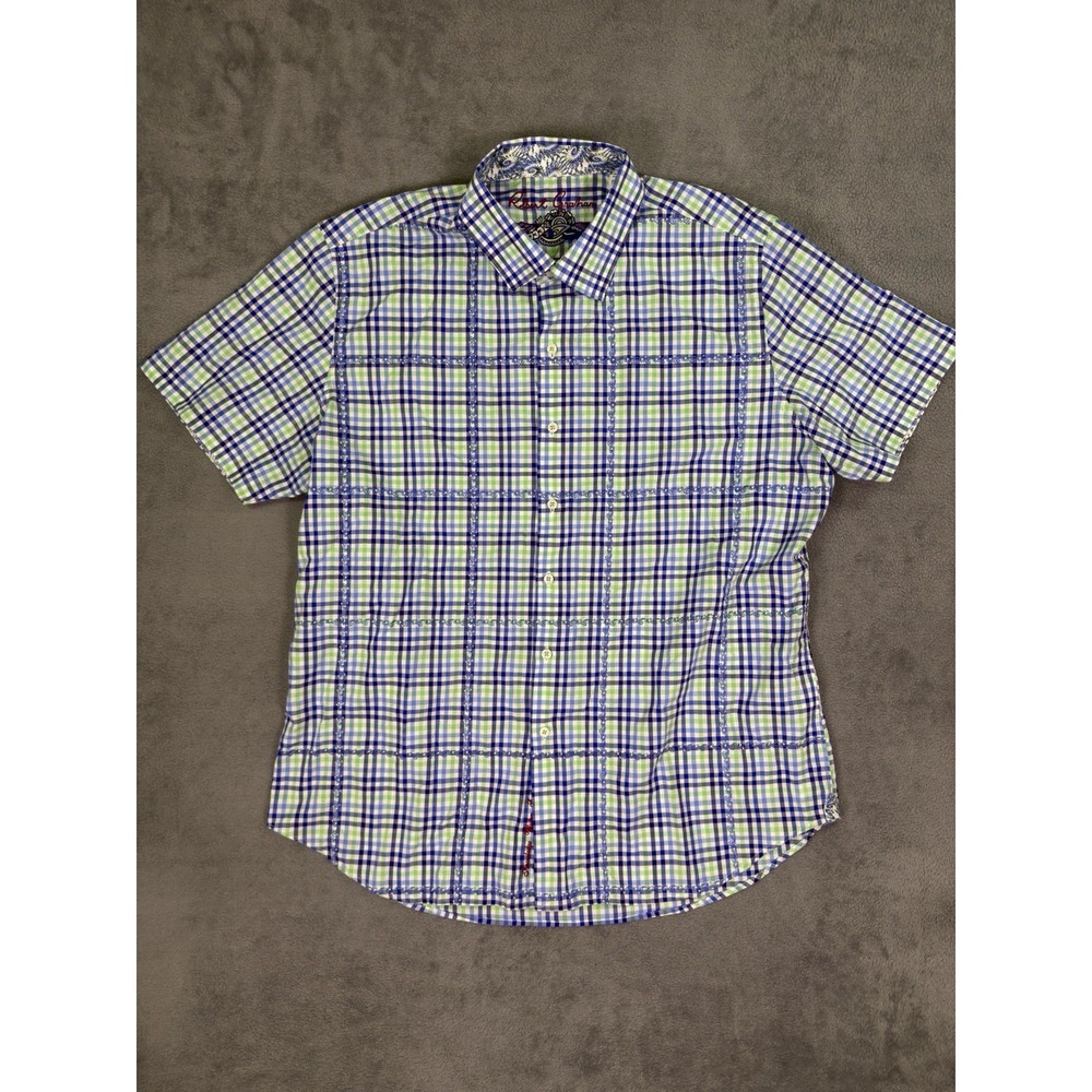 Robert Graham Shirt Mens 2XL Blue Green Check Short Sleeve Button Up Embroidered